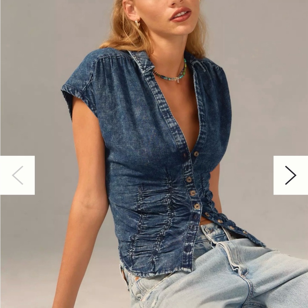 Anthropologie Washed Indigo Button-Front Ruched Top - Blue